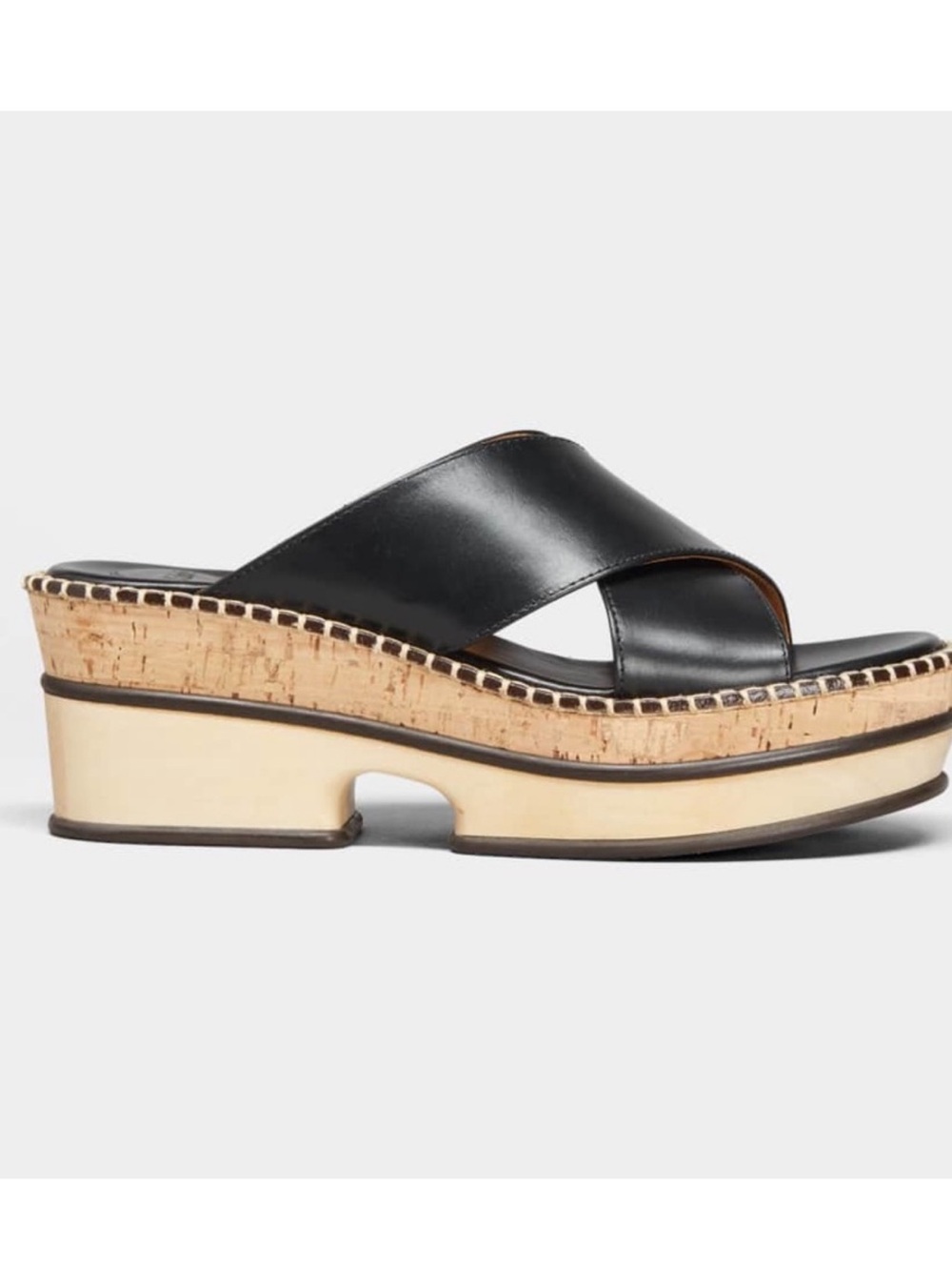 CHLOE Laia Crisscross Black Leather Cork Platform Sandals Size 38